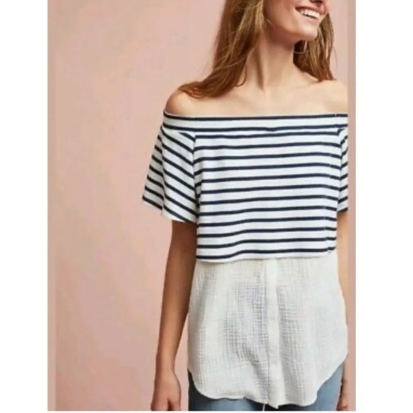 Anthropologie Postcard Off The Shoulder White & Blue Striped Top - Picture 2 of 7